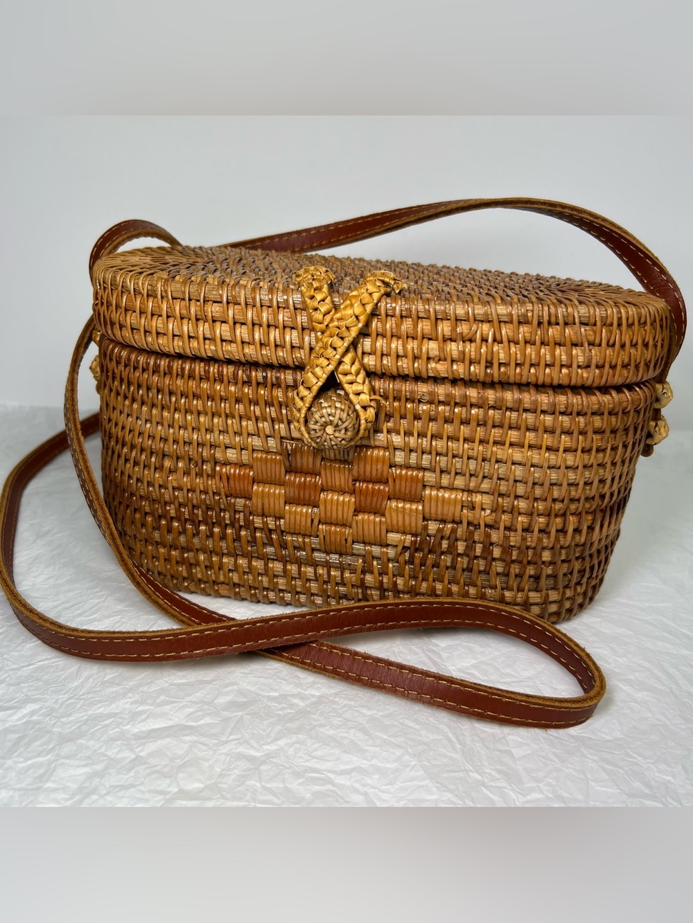 Handwoven Rattan Crossbody Bag in Brown